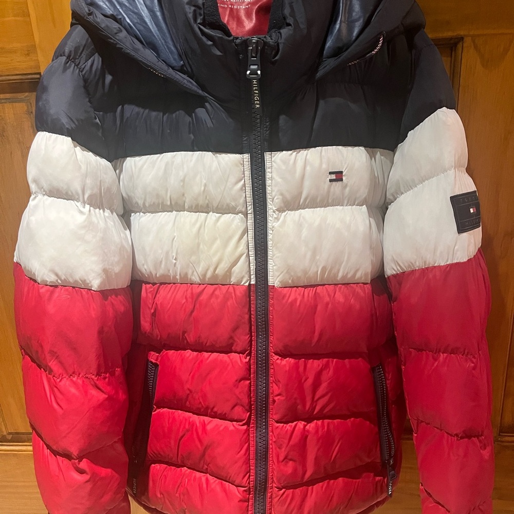 Tommy Hilfiger Men’s Red, White, and Black Puffer Jacket